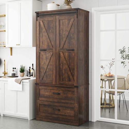 72" Tall Storage Cabinet with Barn Doors & 2 Drawer, Pantry Cabinet with Adjustable Shelves, Rustic Wood Cupboard for Kitchen, Dining Room, Living Room, Brown
