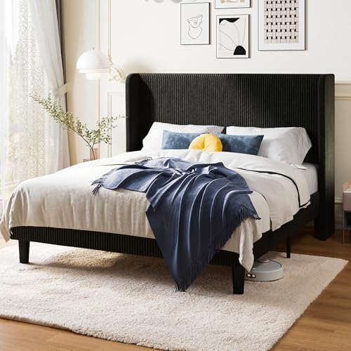 Allewie Queen Size Bed Frame with Upholstered Wingback Headboard, Vertical Channel Tufted Corduroy Velvet Platform Bed, Strong Wooden Slats Support, No Box Spring Needed, Easy Assembly, Sturdy, Black
