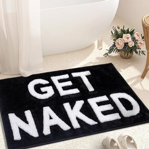 Get Naked Bath Mat Cute Bathroom Rugs 16" x 24" Non Slip Absorbent Black Bath Rug for Bathroom Floor and Shower Funny Decor for Apartment, Machine Washable