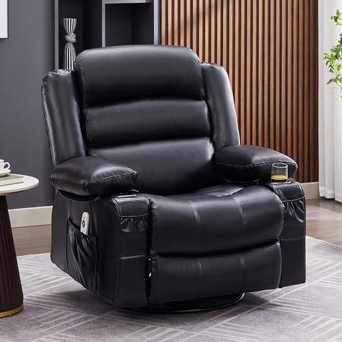 Rocker Recliner Chair with Heat and Massage, 360° Swivel Recliner Chairs for Adults, Oversized Recliner Single Sofa Seat with Cup Holders, Lazy Boy Recliner (Black, Regular)