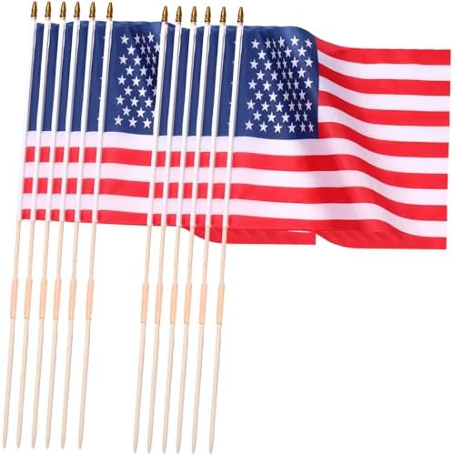 12 Pack 18 x 12 Inch American Flags on Stick, Handheld USA Flags with Spear Top, Ground Wood Flagpole Pluggable Hand Held Stick Flags for Memorial Day Parades Veteran Party Decorations