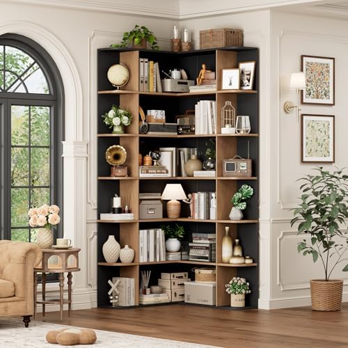 FOTOSOK 74†Tall Corner Bookshelf, 6-Tier Bookshelf and Bookcase with Open Storage, Tall Bookcases Wooden Storage Shelves for Home Office, Thickened Boards for Better Load Bearing, Black/Brown