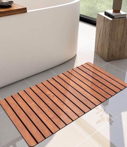 YIHOUSE Thin Bath Mat -32"x 17" Super Absorbent Quick Dry Thin Bathroom Rugs Fit Under Door, Non Slip Rubber Backed Mat Washable Bathroom Floor Mats, Strip Printing