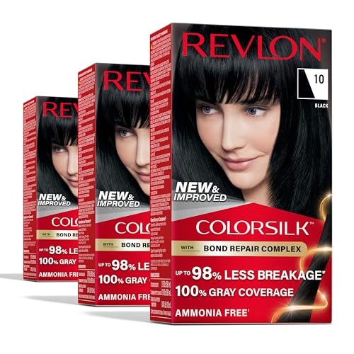 Revlon ColorSilk with Bond Repair Complex, Permanent Hair Color, 100% Gray Coverage, Ammonia Free Hair Dye, Vegan Keratin, 10 Black (Pack of 3)