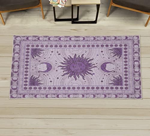Ambesonne Sun and Moon Decorative Rug, Bohemian Artwork Design of Crescent Solar Ornament Esoteric Stars Ornament, Quality Carpet for Bedroom Dorm and Living Room, 2' x 5', Lilac Lavender