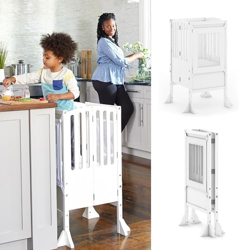 Guidecraft Kitchen Helperยฎ Toddler Tower Step Stool - Contemporary - White: Folding Adjustable Height Montessori Wooden Learning Furniture with Keepers