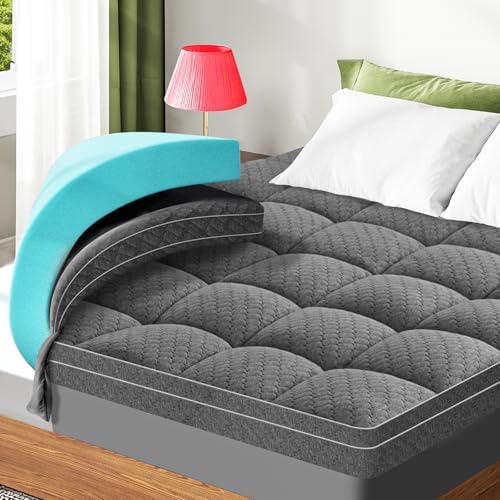 Dual Layer 3 Inch Memory Foam Mattress Topper Queen Size, 2 Inch Cooling Gel Memory Foam Plus 1 Inch PillowTop Mattress Pad Cover, with 8-21 Inch Deep Pocket, Grey