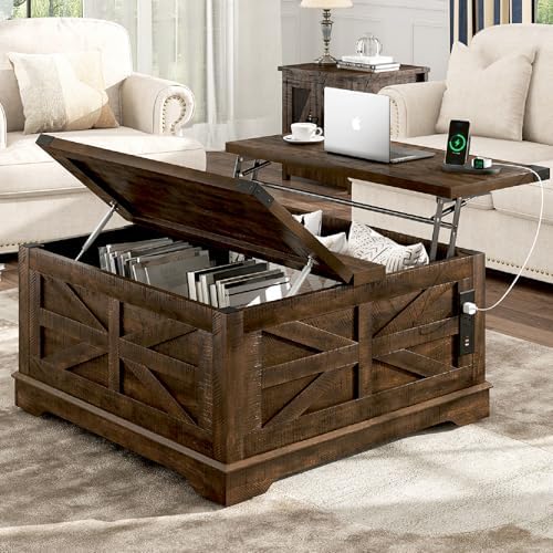 36" Farmhouse Movable Lift Top Coffee Table with Storage and Power Outlets, Square Wood Living Room Tables with Wheels&Large Hidden Space, Lift Wooden Barn Door Center Table, Brown
