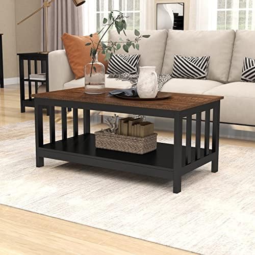 ChooChoo Farmhouse Coffee Table, Black Living Room Table with Shelf, 40 Inch