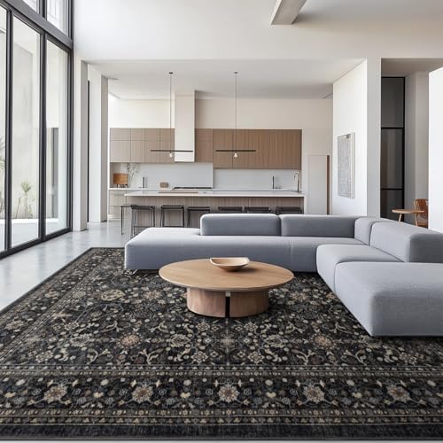 Area Rug Non Slip Machine Washable Ultra Soft Living Room/Bedroom/Kitchen/Outdoor/Classroom Black Grey, 10'×14'