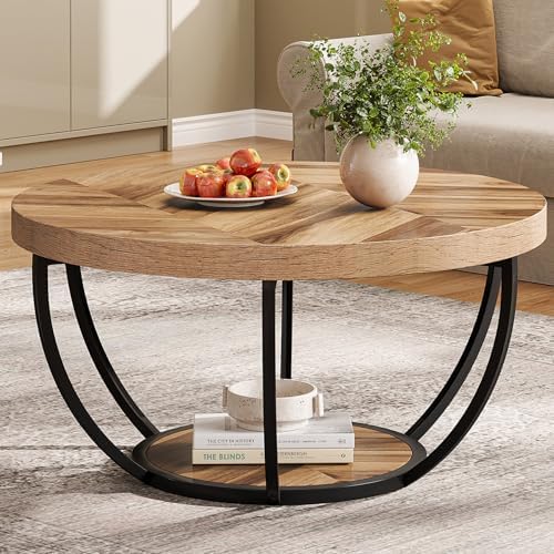 Tribesigns 31.7" Round Industrial Coffee Table with 2-Tier Storage Shelves, Modern Wood & Black Metal Accent Center Table for Living Room, Home Office รขโฌโ Easy Assembly