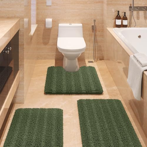 ACCUMTEK Striped Oliver Green Bathroom Rug Set 3 Pieces Ultra Soft, Non Slip Chenille Toilet Mat, Absorbent Plush Shaggy Bath Mats for Bathroom, Bedroom, Kitchen
