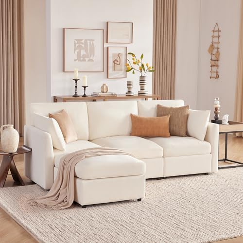 Tbfit 85" Convertible L Shaped Couch, Sectional Sofa for Living Room,Chenille Cloud Couch with Ottoman 4 Seat (Beige)