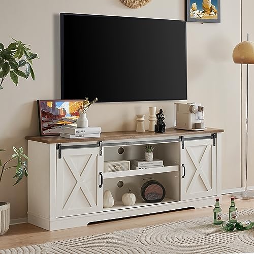 AMERLIFE 66" Farmhouse TV Stand for 75 Inches TVs, Entertainment Center with Sliding Barn Door and Adjustable Shelf & Feet, Console Table with Storage, Distressed White & Rustic