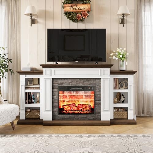 LGHM 72" Electric Fireplace with Mantel, Fireplace TV Stand for TVs Up to 80 Inch, Farmhouse Entertainment Center with Storage, Realistic Stacked Stone Surround with Remote Control for Living Room