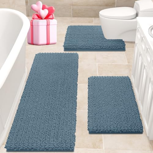 ACCUMTEK Upgrade Extra Large Haze Blue Bathroom Rug Set 3 Pieces Ultra Soft, Thick Absorbent Bath Mats, Non Slip Chenille Toilet Mat for Bathroom, Bedroom, Kitchen, Stone Blue