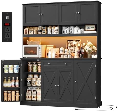 HIFIT 72.8” Tall Kitchen Pantry Cabinet with LED & Charging Station, 55” Wide Farmhouse Pantry Storage Cabinet with Microwave Stand&Shelves&Barn Doors, Black Kitchen Hutch Coffee Bar for Living Room