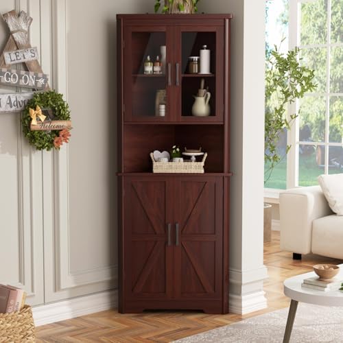 67''H Dark Brown Tall Corner Storage Cabinet with 4 Tempered Glass Doors and Barn Doors, Home Space Saver Decoration Farmhouse Cabinet with 5 Adjustable Shelves for Kitchen, Living Room