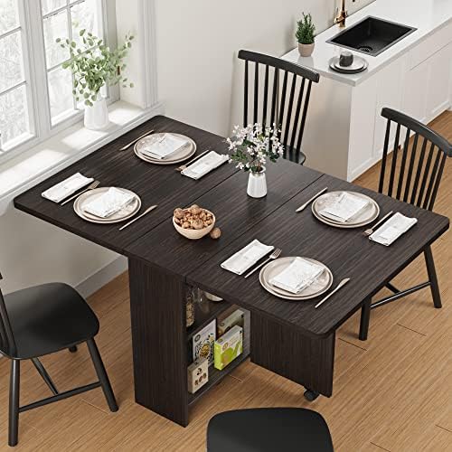 IDEALHOUSE Folding Dining Table, Drop Leaf Dining Table with 6 Wheels and 2-Layer Storage Shelf, Space Saving Dining Table for Small Spaces (Dark Walnut, 50.1" D x 31.4" W x 29.5" H)