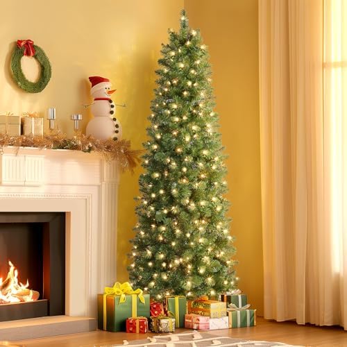 SHareconn 7.5ft Prelit Artificial Hinged Slim Pencil Christmas Tree with Warm White Lights, Full Branch Tips, Perfect Choice Decoration for Xmas Holiday, 6.5 FT, Green