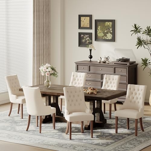 COLAMY Fabric Side Dining Chairs Set of 6, Wingback Upholstered Dining Room Chairs with Tufted Button, Living Room Chairs for Home Kitchen, Beige