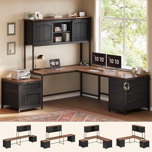 SEDETA Farmhouse L Shaped Office Desk with 6 Drawer, Reversible Computer Corner Desk with Power Outlet and Hutch, Home Office Desk with File Drawer & Printer Storage Shelves for Two Person, Black