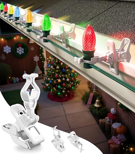 C7 C9 Christmas Lights Clips, 50 Count Holiday Lights Quick Spring Clips, Shatterproof Shingle and Gutter Clips for E12, E17 Socket, Rope Lights Roofline Fence Railing Mantel Christmas Trees, White