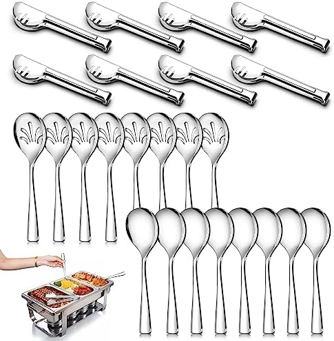 24 Pack Stainless Steel Large Serving Utensils Set - 10" Serving Spoons x 8, 10" Slotted Spoons x 8, and 9" Serving Tongs x 8 by Teivio, for Buffet, Chafing Dish, Catering Supplies (Silver)