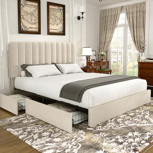 VECELO Queen Size Upholstered Bed Frame with 4 Drawers and Headboard, Velvet Platform Storage Bedframe, Wooden Slats Support, No Box Spring Needed, Beige