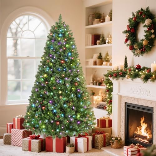SHareconn 7.5ft Prelit Artificial Christmas Tree with Remote Control, 470 Multi-Color LED Changing RGB Lights, 1264 Branch Tips, 7.5 FT Pre-Lit Tree Perfect Choice for Xmas Decoration, Green