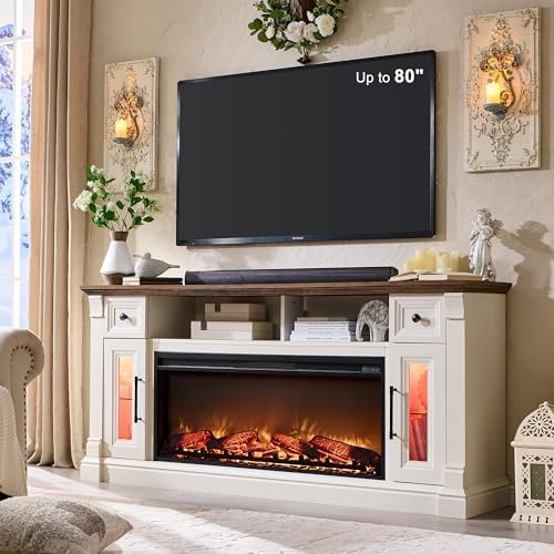 OKD Fireplace TV Stand for 80 Inch TV - Farmhouse Entertainment Center with 42" Electric Fireplace & LED Lights, Wood Media Console with Storage Drawers & Cabinets for Living Room, Antique White