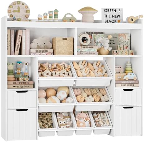 HORSTORS 55" W Toy Storage Organizer with Drawers, Large Kids Toy Storage Box with Removable Bins, Tall Kids Bookshelf and Bookcase for Boys and Girls, Modern Toy Chest for Playroom, Classroom, White