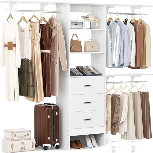 Closet System with Drawer - 8FT Wood Closet Organizer System with 3 Hanging Rods and Shelving Tower, 96" Walk In Closet Organizer Wardrobe, Heavy Duty Garment Rack Clothes Rack, White