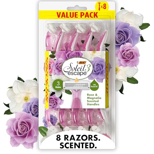 BIC Soleil Escape Scented Women's Disposable Razors, 3 Blades, Comfortable Shave, Rose and Magnolia Scented Handle Shaving Razors for Women, 8 Count