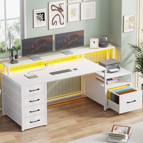 SEDETA White Computer Desk with 5 Drawer & Power Outlet, 66'' Home Office Desk with File Drawer, Storage Shelves, Printer Cabinet and Monitor Shelf, Gaming Desk with Led Lights