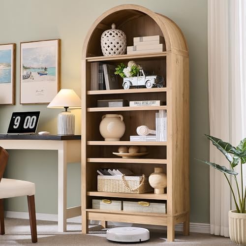 71" Tall Arched Bookshelf, 7 Tiers Arch Bookcase with Storage, Modern Farmhouse Book Shelf with Adjustable Shelves, Wood Bookshelf w/Open Display Shelves for Living Room, Office (Natural)