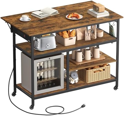 VASAGLE Kitchen Island with Drop Leaf, 47.2" Width Rolling Kitchen Cart with Power Strip, Extendable Worktop, Workbench,Pegboard, Adjustable Shelf, Rustic Brown and Ink Black UKKI013K01