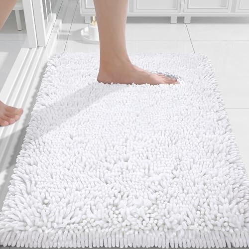 Yimobra Chenille Bathroom Rugs Non Slip, Extra Thick Soft Absorbent Bath Rug 24x17 Inch, Machine Washable Quick Dry Bath Mat for Bathroom Floor, Tub and Shower, Home Decor Accessories, White