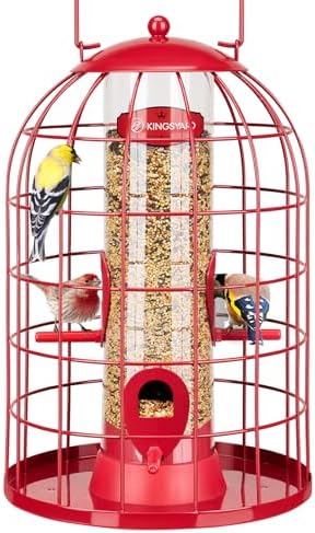 Kingsyard Caged Bird Feeder for Outdoor Hanging - Upgraded Metal Bird Feeder for Small Birds, Detachable Tube Feeder with 4 Feeding Ports & Perches, Easy to Clean & Refill. Red