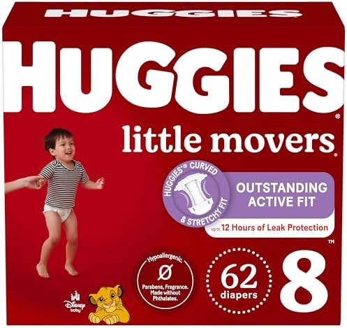 Huggies Size 8 Diapers, Little Movers Baby Diapers, Size 8 (46+ lbs), 62 Count