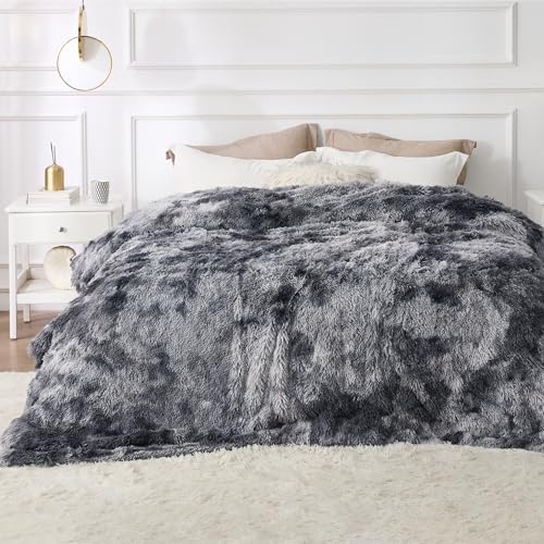 Bedsure Fluffy Tie Dye Grey Blankets Queen Size for Bed, Thick Sherpa Faux Fur Fleece Fuzzy Plush Winter Warm Soft Full Queen Blankets, Bedroom Decor Grey Gifts Cozy Gifts for Women Men, 90x90