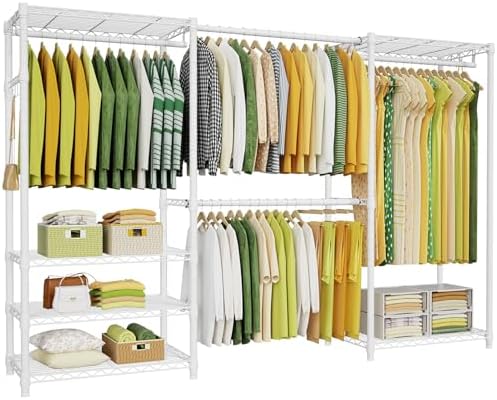 Ulif E1 Heavy Duty Closet Garment Rack, 6 Tiers Adjustable Metal Freestanding Expandable Clothing Storage with 4 Hanger Rods, Easy to Assemble Wardrobe, 71.4" H x (70" - 88.2") L x 14" D, White