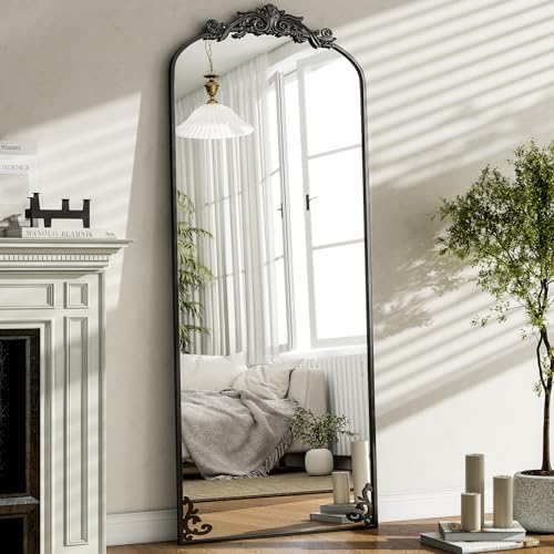 GLSLAND Vintage 64"x 21" Full Length Mirror Large Carved Arched Full Body Mirror with Metal Frame Baroque for Bathroom/Living Room/Entryway,Black