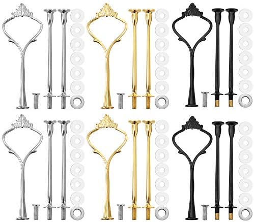 3 Tier Cupcake Stand Fittings Cake Stand Hardware Kit Heavy Metal Cake Stand Holder for Dessert Serving Trays Support Rod, Tiered Resin Plates, Crafts Making and Decoration(Black, Silver, Gold,6 Sets)