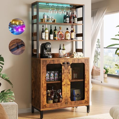 Aheaplus Bar Cabinet with Power Outlets, 67" Tall Wine Bar Liquor Cabinet with LED Lights & Glass Holder, Coffee Bars Station for Living Room, Microwave Stand Bakers Rack Cabinets, Rustic Brown