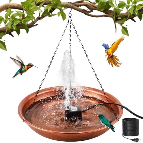 24.8 Extra Large Hanging Bird Bath with 8W Fountain Pump, 14" Copper Metal Bird Bath Bowl with Adjustable 3 Water Flow Modes and 2 Spray Nozzles, Birdbath Feeder for Outdoor Garden Backyard Patio Lawn