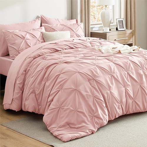 Bedsure King Size Comforter Set Pink - Bed in a Bag King Size 7 Pieces, GentleSoftβ’ Pintuck Bed Set Gift for Family, Pinch Pleat Pink Comforter with Sheets, Pillowcases & Shams