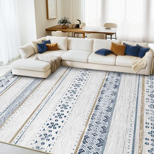 BESTSWEETIE 8x10 Area Rugs for Living Room Washable Moroccan Farmhouse Neutral Geometric Low Pile Non-Slip Soft Print Pattern Rug for Bedroom Kitchen Dining Room Entryway Blue/Brown