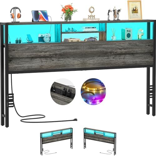 Aheaplus Headboard for King Size Bed with Storage, Headboards with Outlets, USB Ports and LED Light, King Size Head Board Only, Height Adjustable, Reversible, Sturdy and Stable Headboard, Black Oak