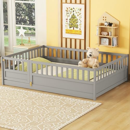 Full Floor Bed with Slats, Full Size Floor Bed with High Fence and Door, Montessori Floor Bed Full Size, No Box Spring Needed, Easy Assemble Floor Bed, Wood Montessori Bed Full Size(Gray Full)